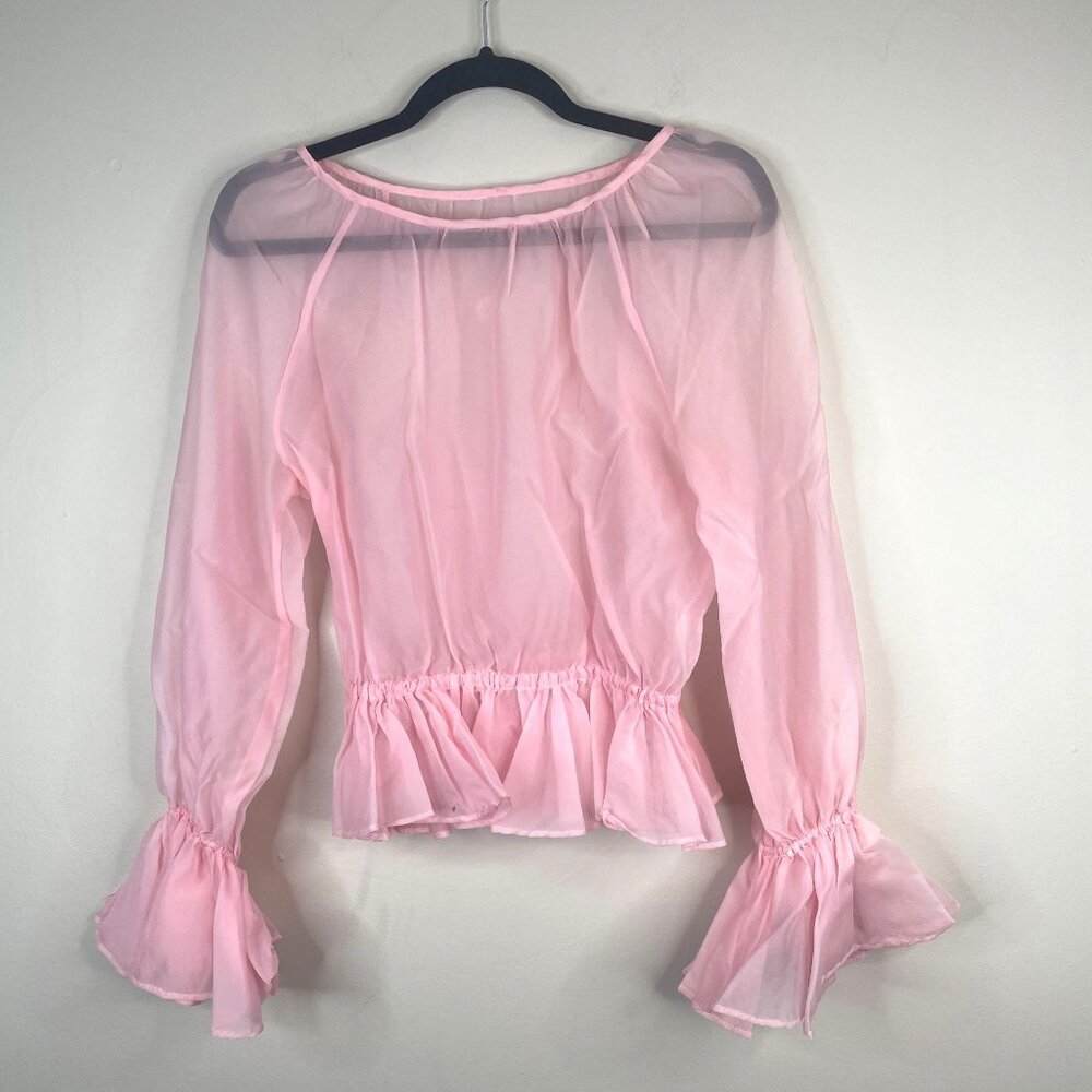 Coquette Sheer Top Womens Medium Pink Handmade Poet Sleeve Peplum Dainty‎ Layer